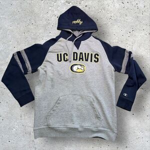 Champion UC Davis Aggies Hoodie Men’s Large Gray Navy Raglan Pullover Sweatshirt